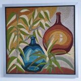 Tapisserie décor dame-jeanne feuillages années 70