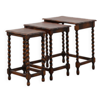 Set of Three Oak Barley Twist Nesting Tables, England, circa 1900