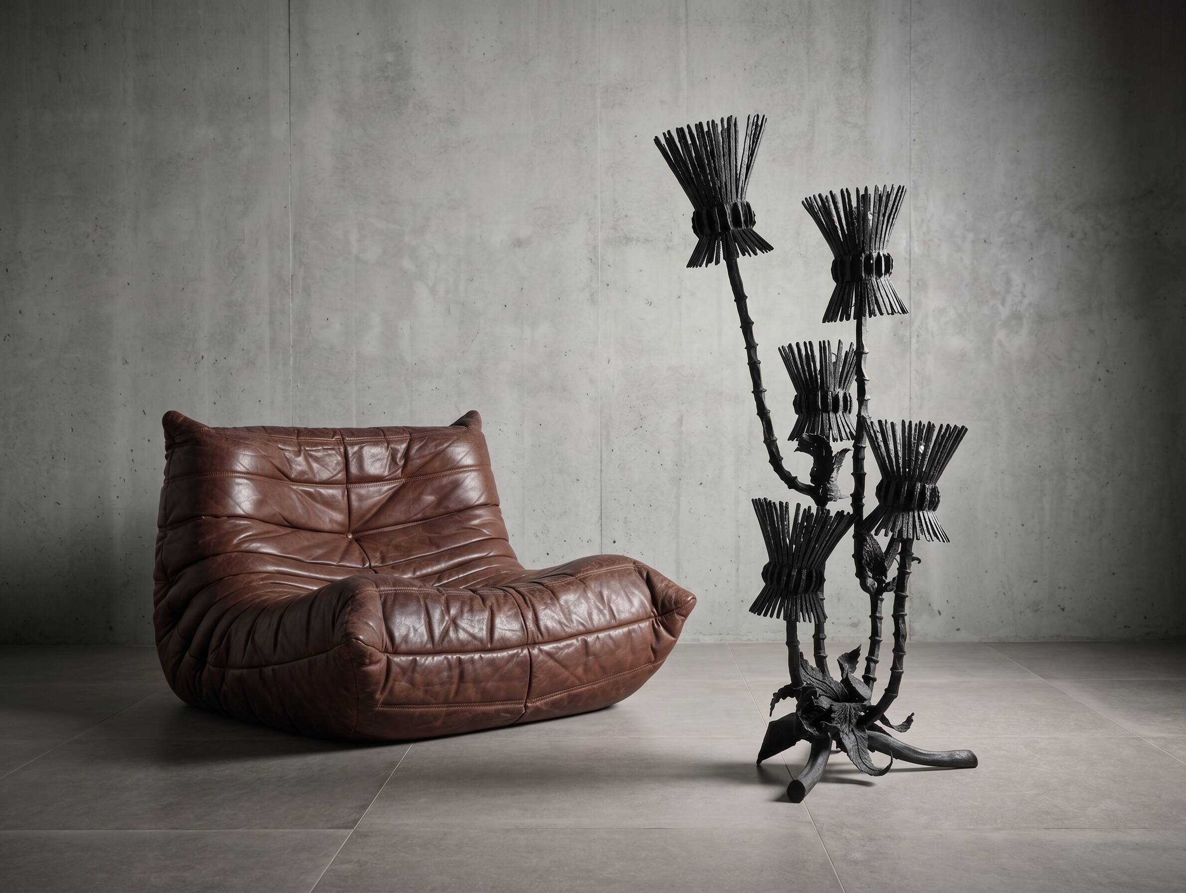 Brutalist floor lamp with five thistle-shaped lights in black wrought iron, 1970s