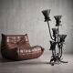Brutalist floor lamp with five thistle-shaped lights in black wrought iron, 1970s
