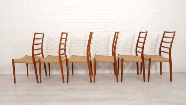 6 chaises modèle 82 en teck et corde par Niels Otto Møller