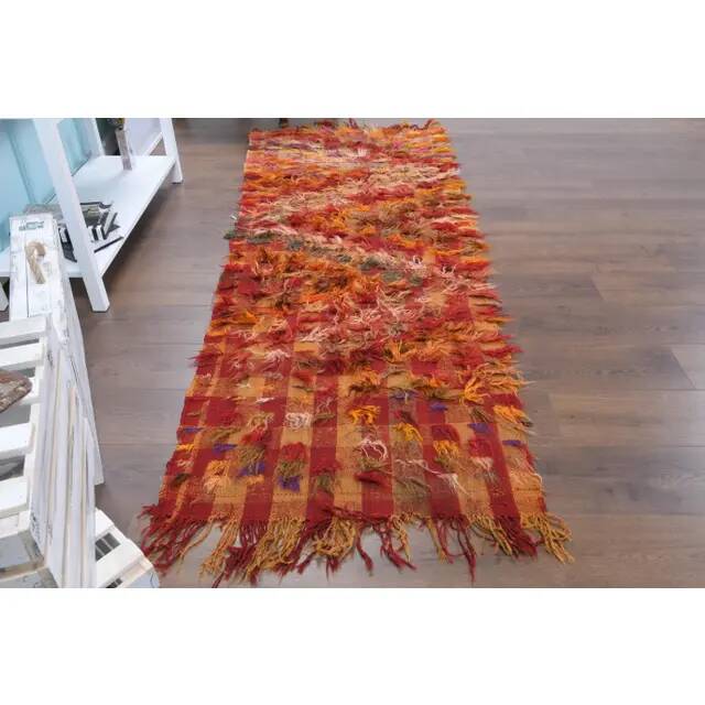 Vintage Turkish Oushak Handmade Wool Cotton Red Kilim Runner 86x231