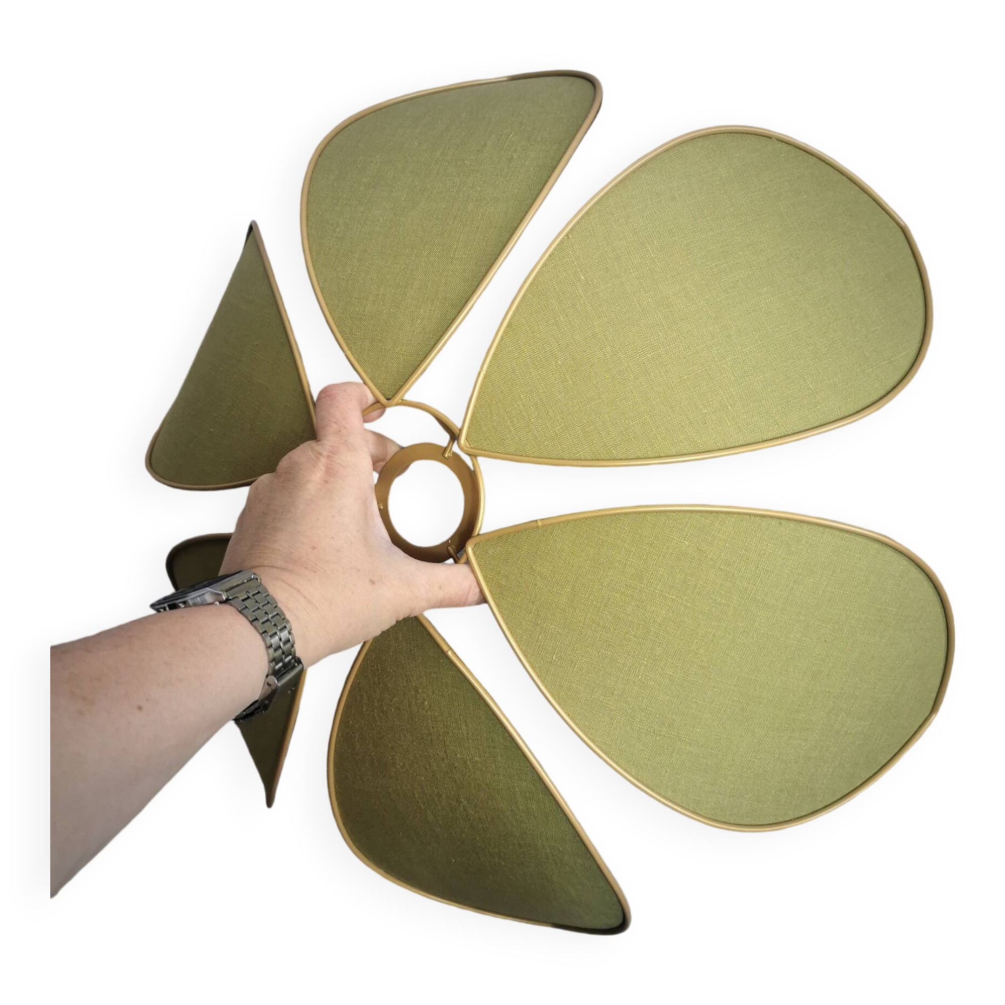 Flower suspension metal structure 6 petals in olive green linen