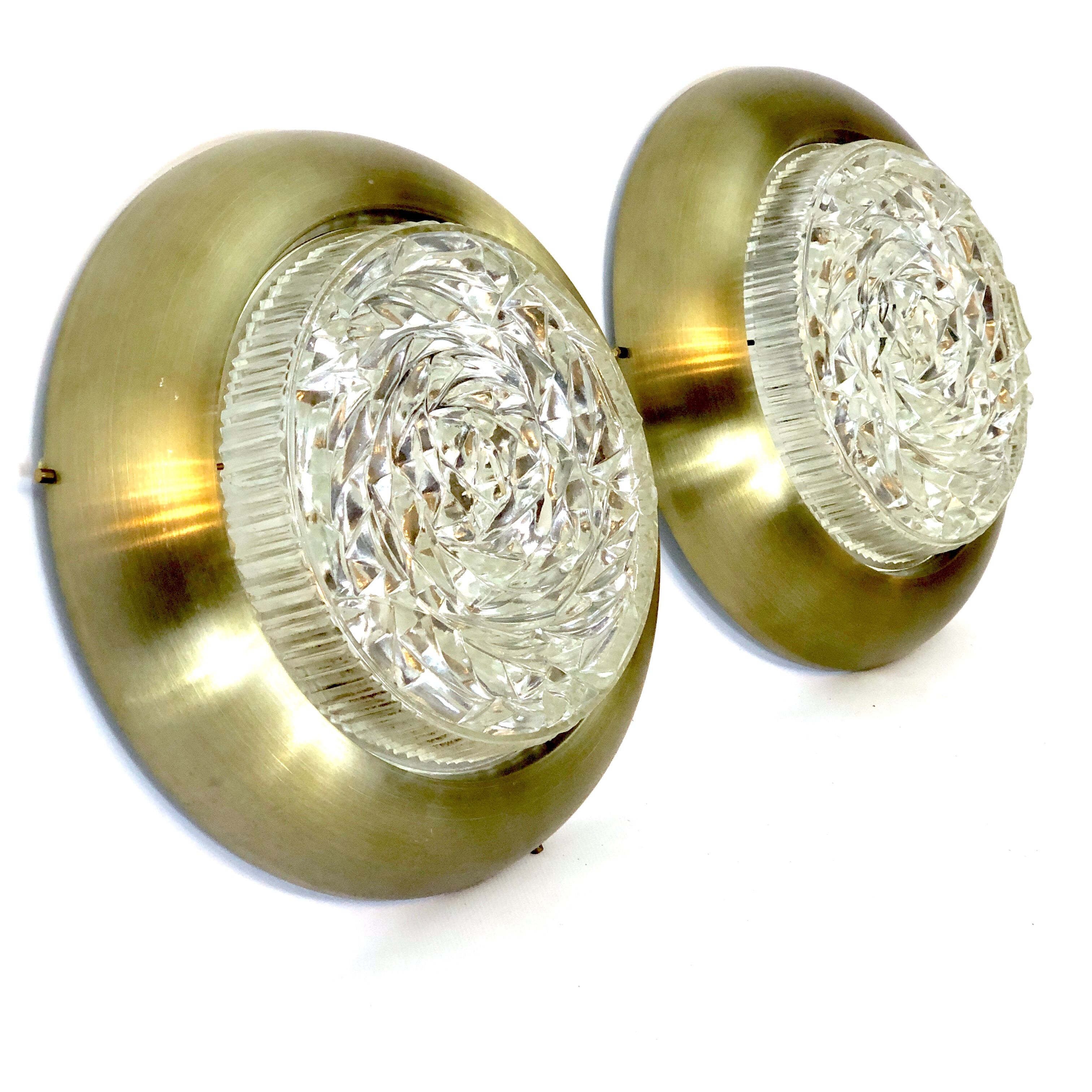 Stilux Milano, Mid-Century gild and glass ceiling lamps or sconces. Set of two