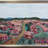 Peinture à l’huile de paysage de style naïf suédois du milieu du siècle, encadrée