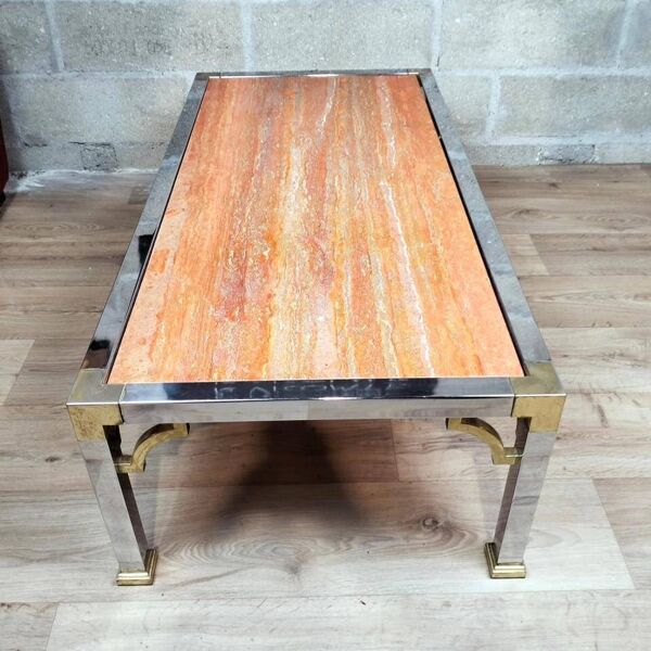 Table basse vintage acier chromé et laiton plateau en marbre Italie vers 1970