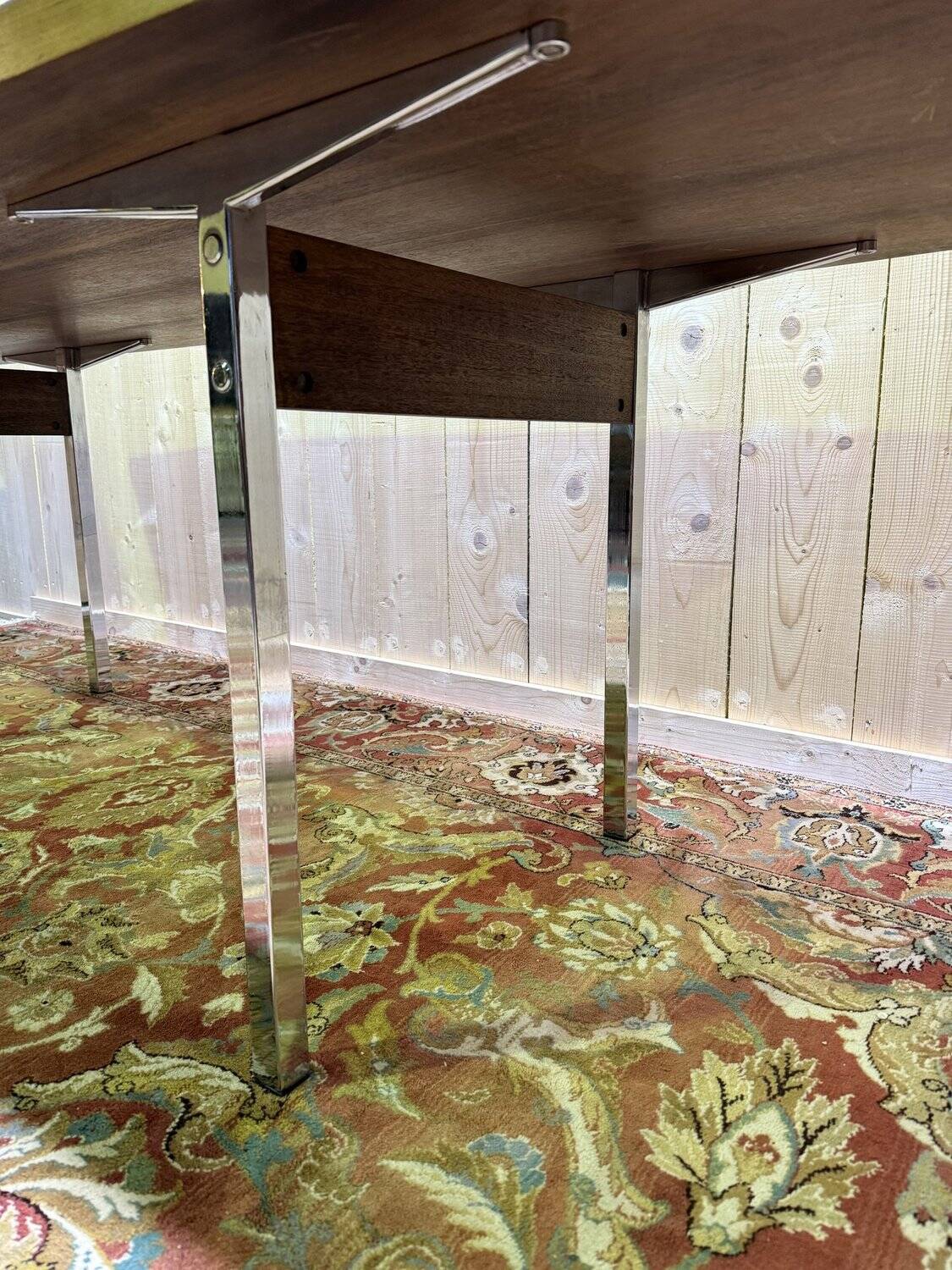 Italian dining table in wood and chrome signed "TRAU"