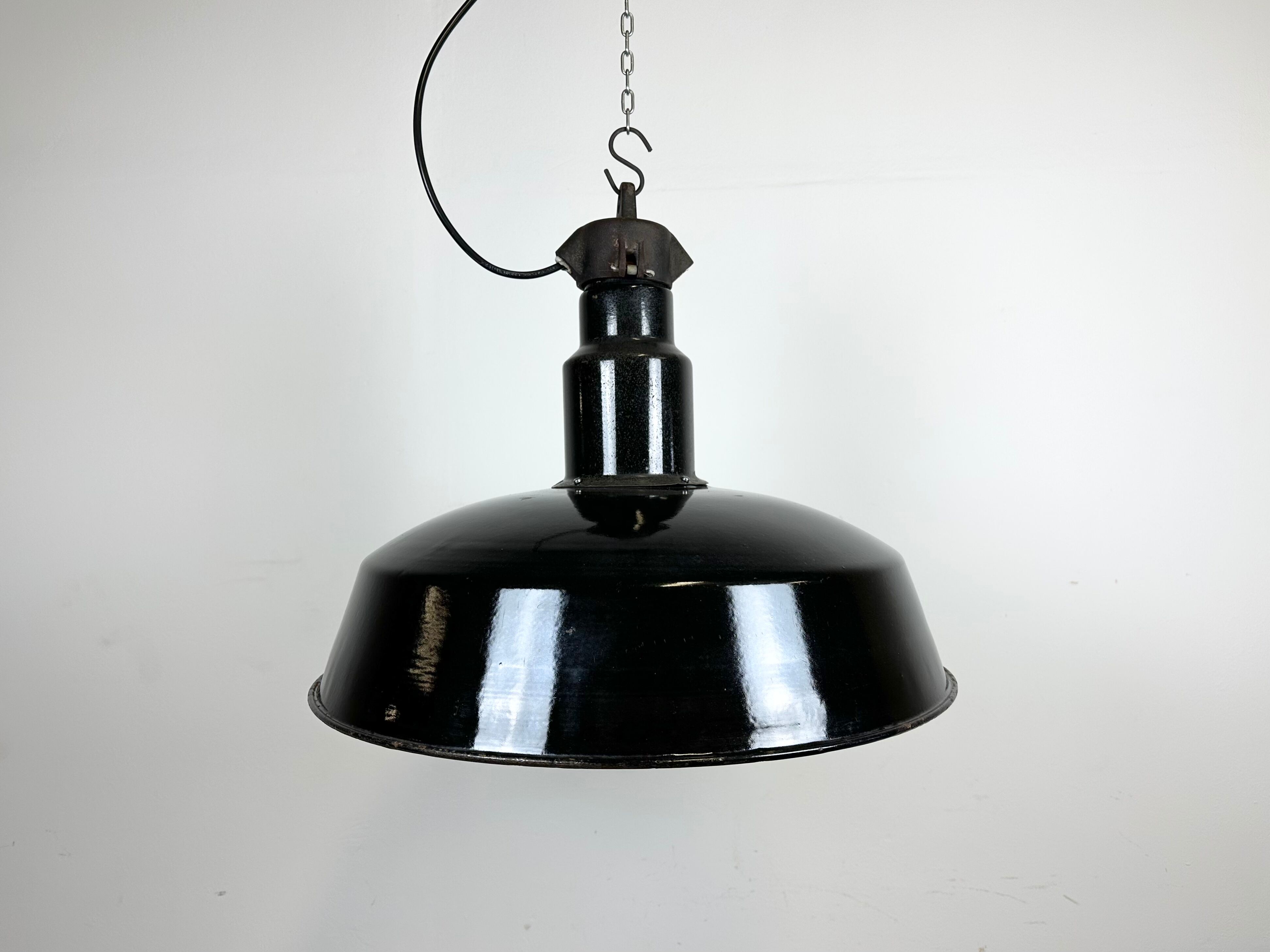 Industrial midcentury black enamel factory lamp, 1950s
