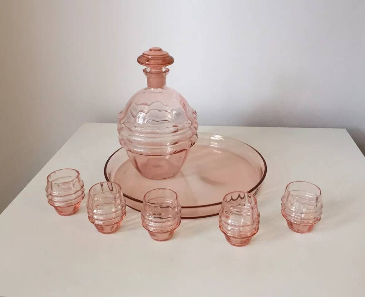 Vintage 1950s Pink Crystal Decanter Liquor Set
