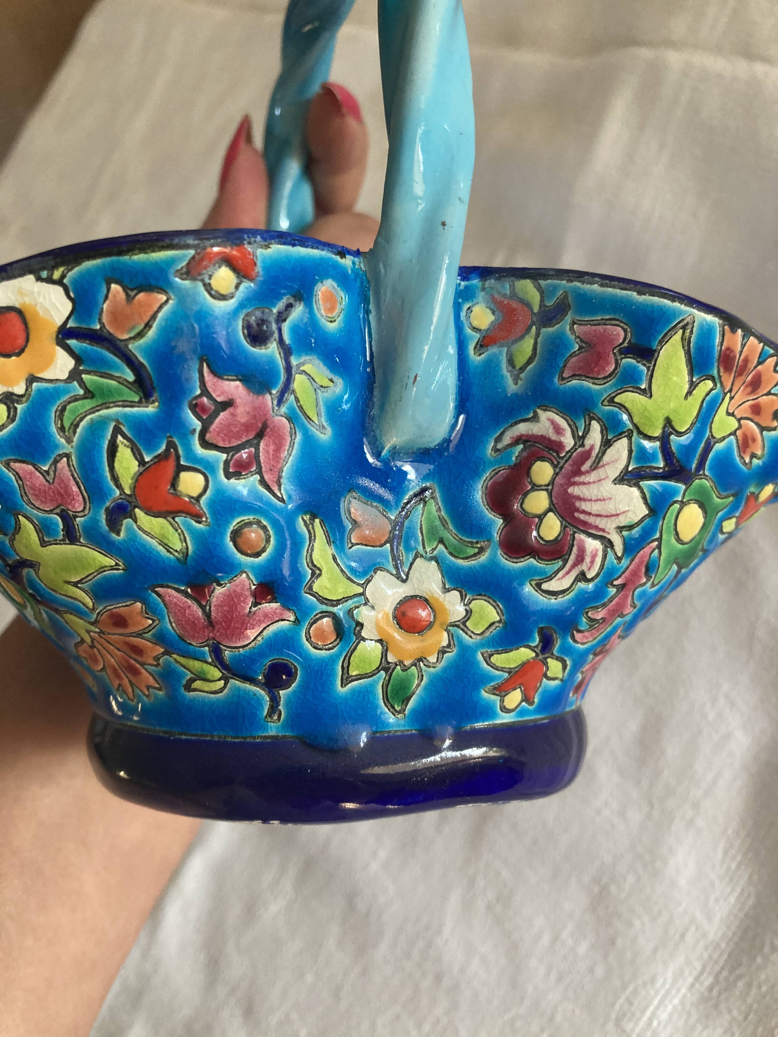 Large Basket Emaux de Longwy F3 B5000 - Twisted Turquoise Handle -