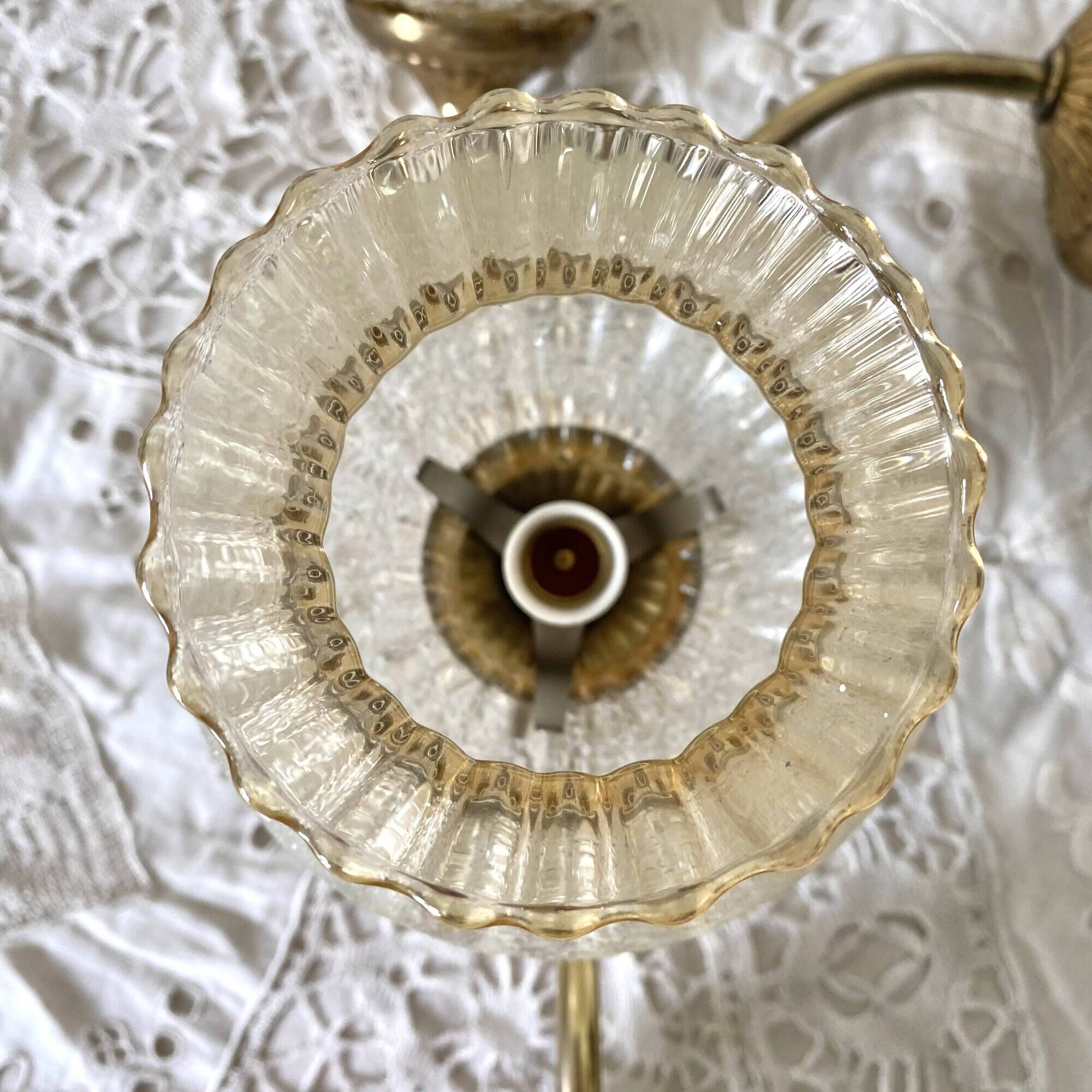 Pair of retro wall lights in glass and gold metal