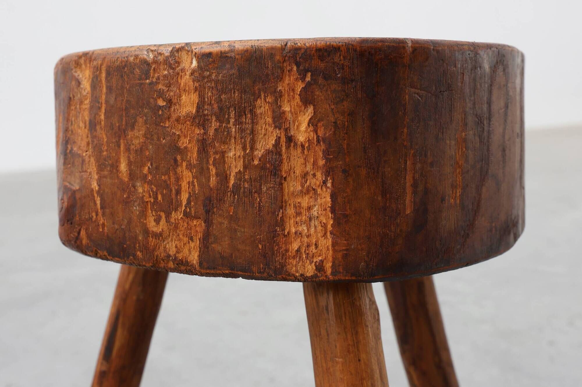 Rustic Oak Tripod Stool with Chunky Round Wooden Seat, France, circa 1920