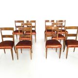 Set of Ten Orange Fabric Upholstery and Walnut Dining Chairs, Italy