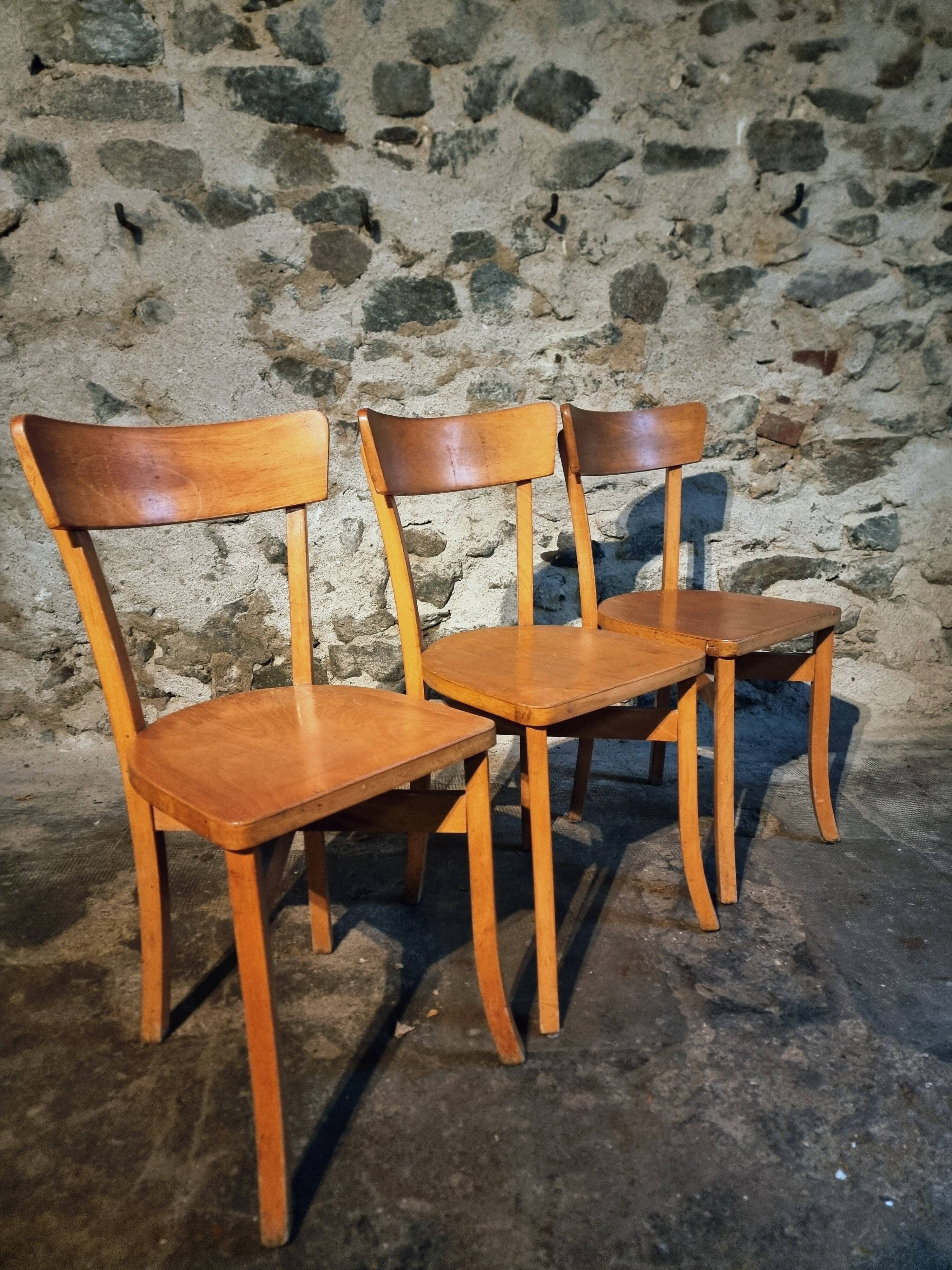 Vintage French bistro chairs in beech – Set of 3, 1950s café chairs