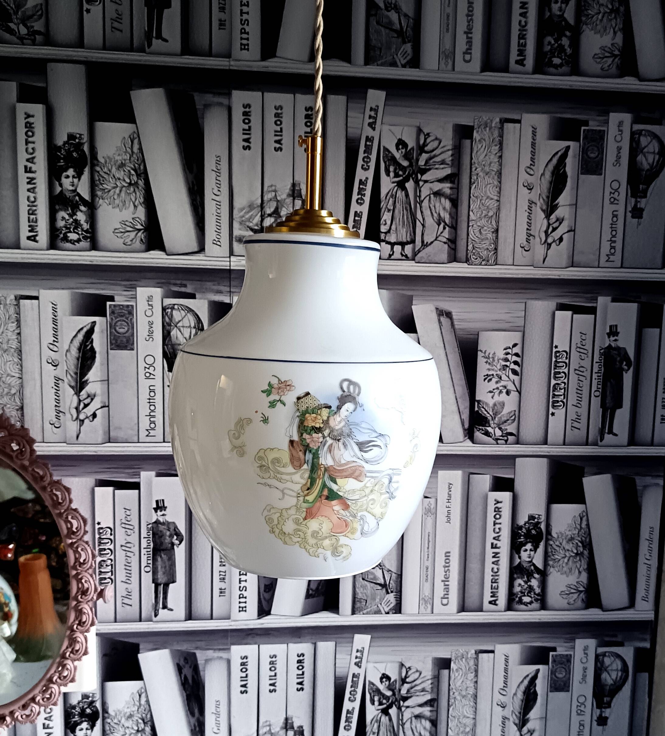 Vintage opaline glass pendant, multicoloured geisha patterns 1960, Anouck