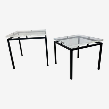 Vintage modernist acrylic glass and steel side tables, 1980s, set of 2