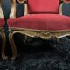 Pair of flat-back armchairs in Louis XV style in red velvet.