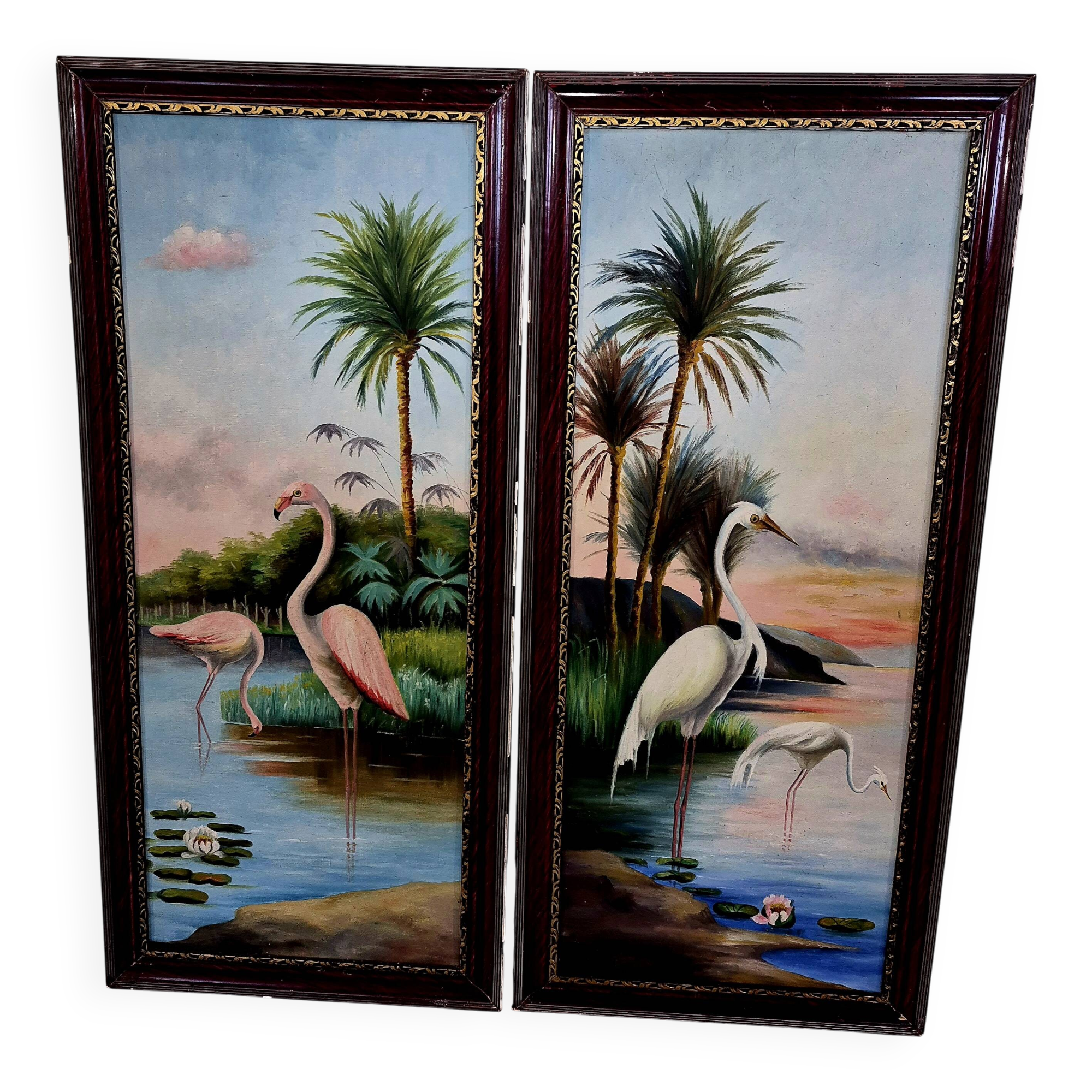 Pair of oil paintings on canvas depicting tropical birds.