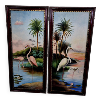 Pair of oil paintings on canvas depicting tropical birds.
