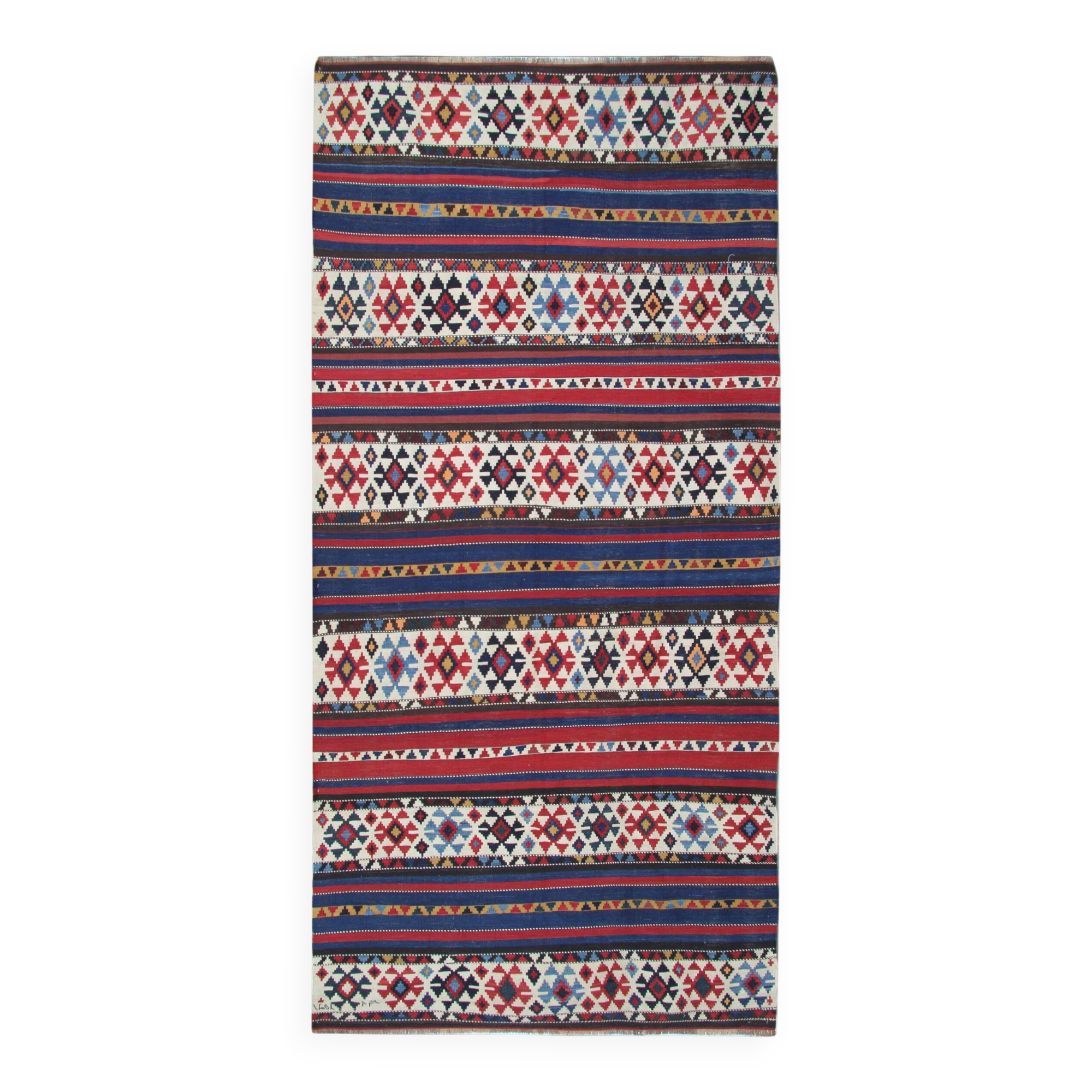 Shirvan Kilim Runner 1940s, Tribal Wool Striped Geometric Rug 340x160cm