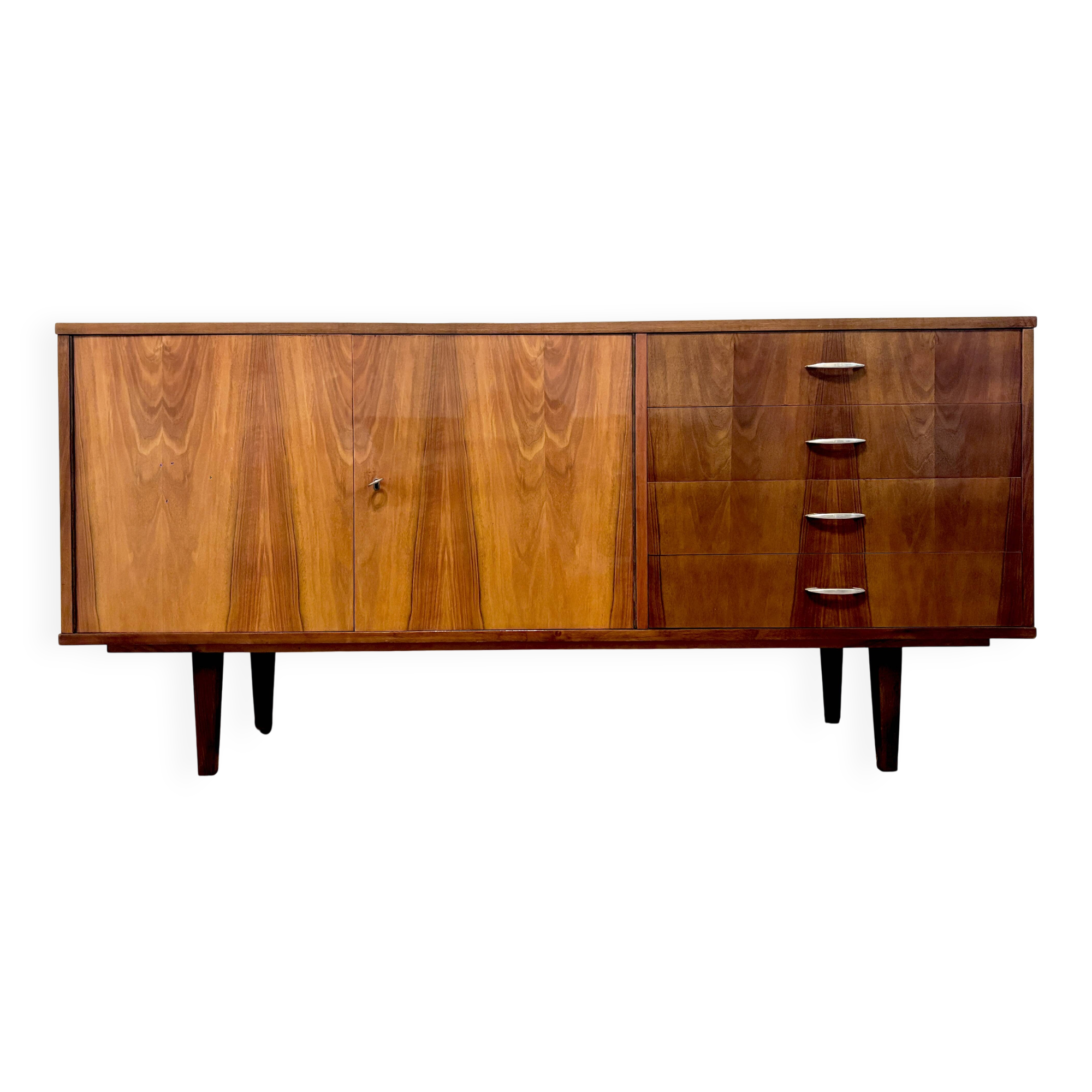 Vintage Polish buffet in flamed walnut – Mid-Century design from the 1960s