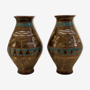 Pair of sarreguemines of france art deco enameled vases