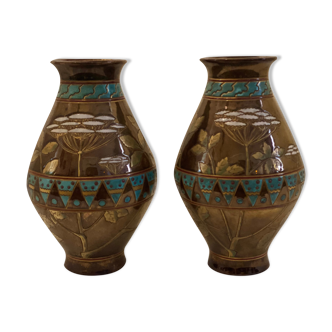 Pair of sarreguemines of france art deco enameled vases