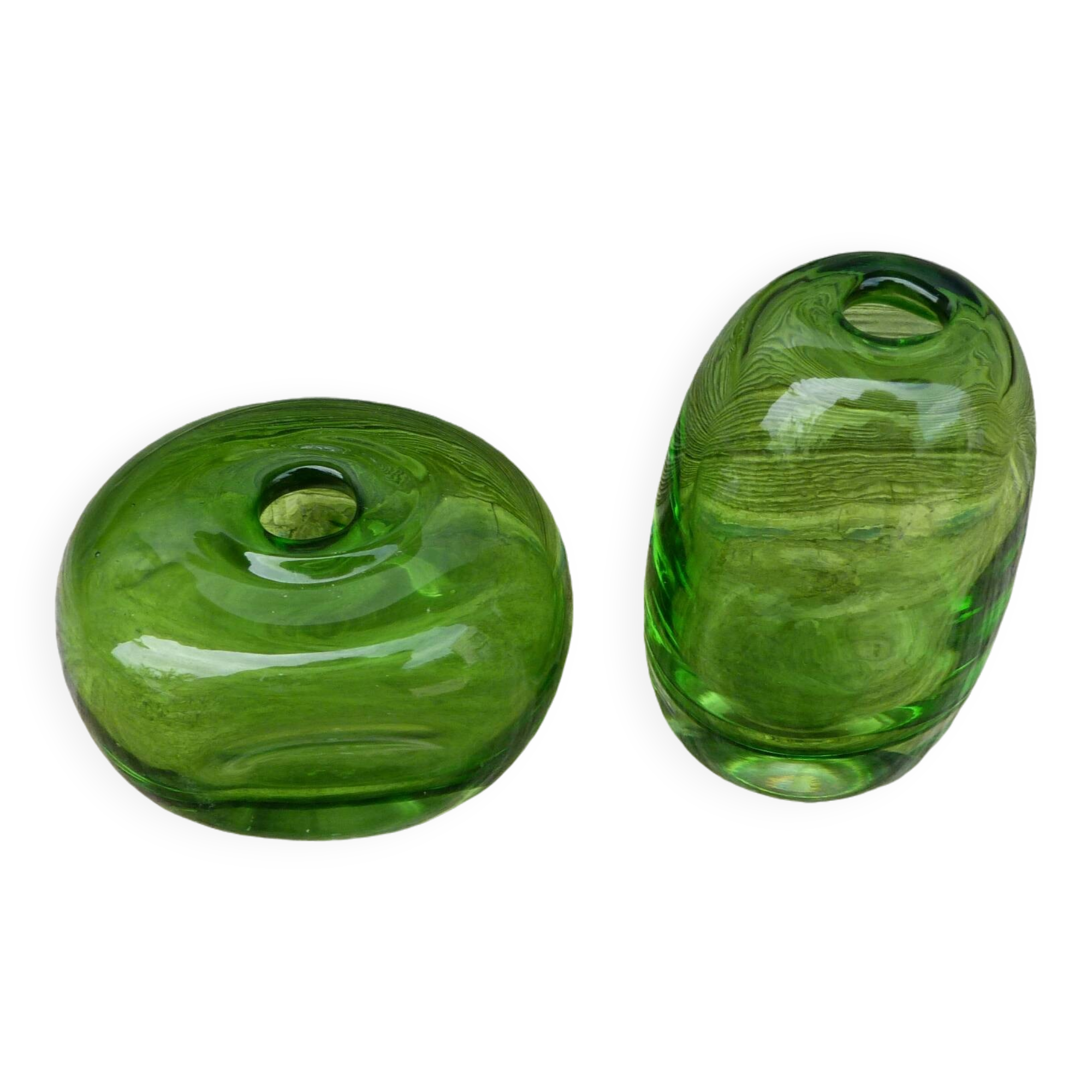 Vintage 1970 set of 2 small green blown glass vases