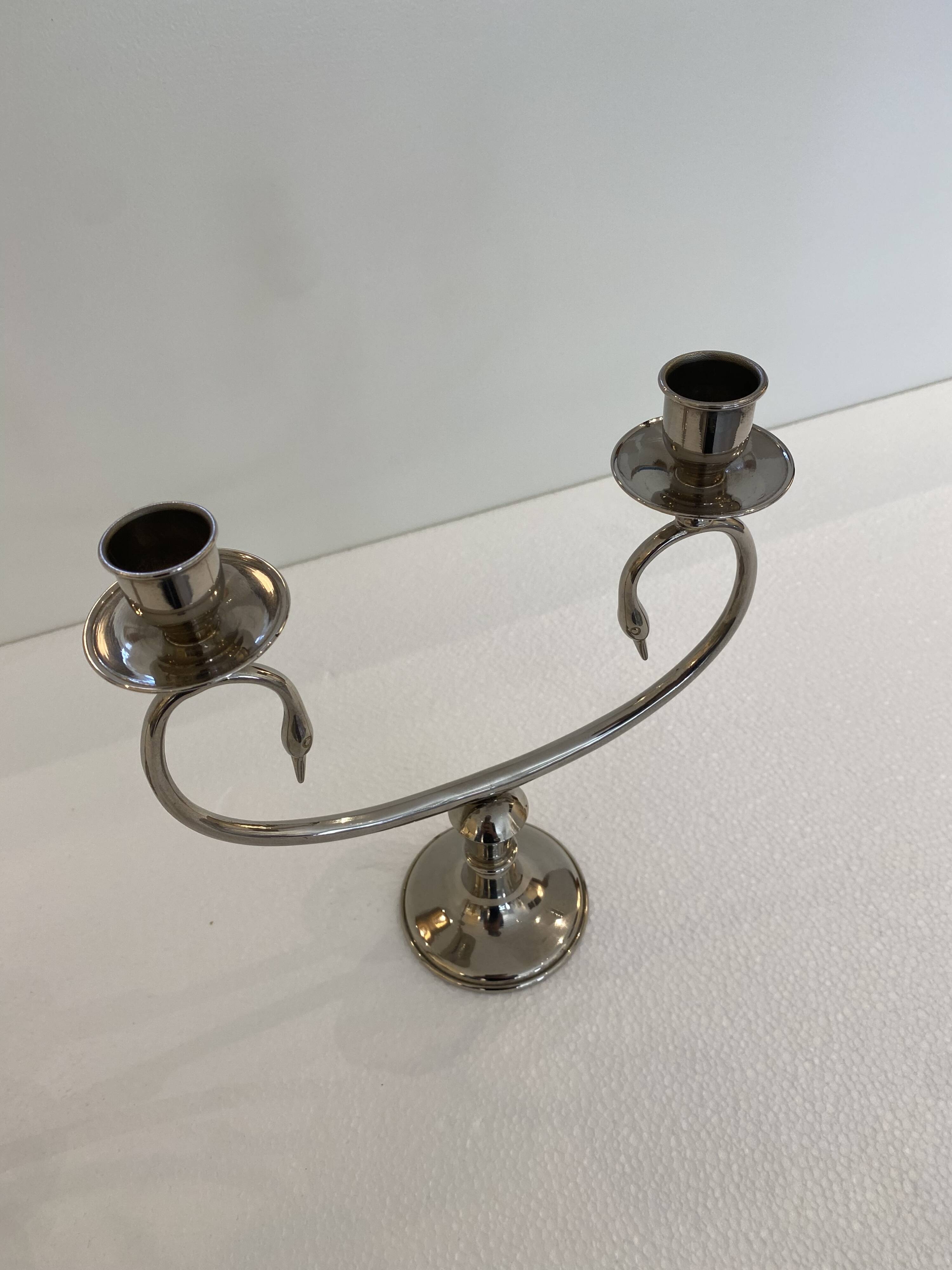 Silver Plated Pair Double Swan Candelabra Candleholders Sculptural 1970s