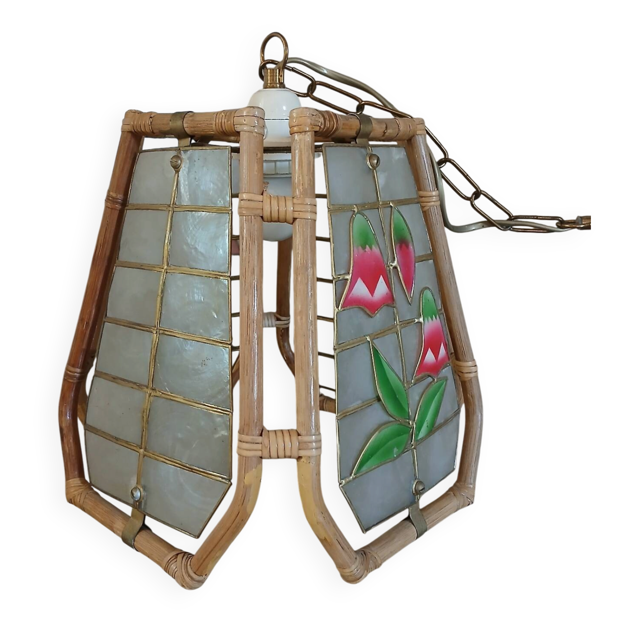 Suspension vintage rotin et nacre