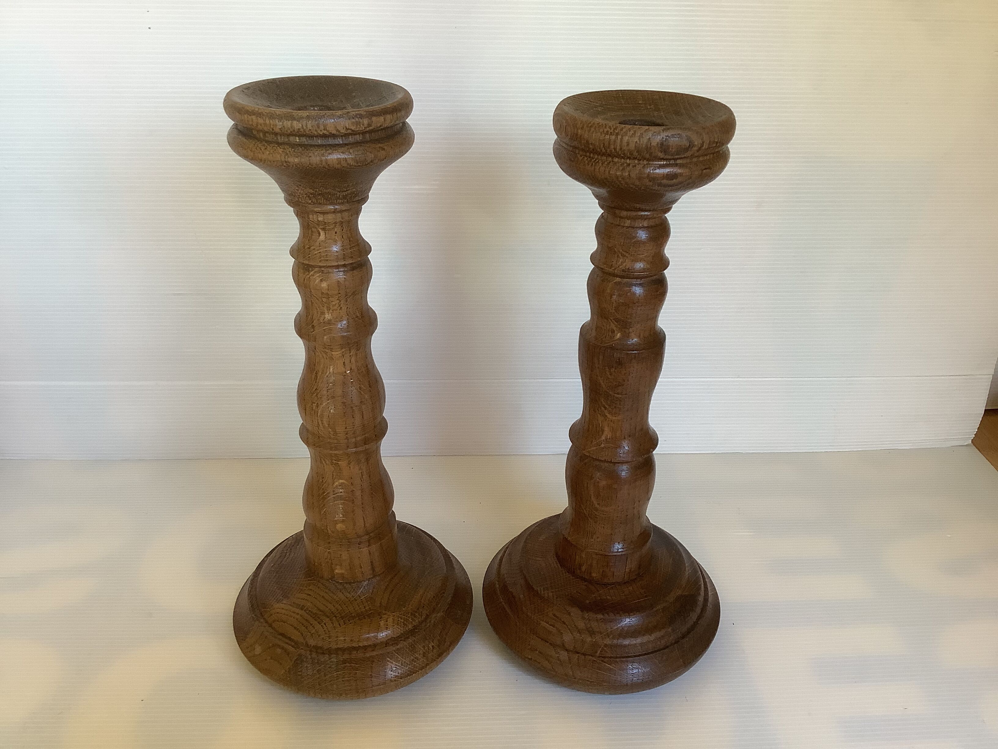 Pair old large wooden candle holders brutalist