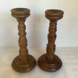Paire anciens bougeoirs en bois brutaliste