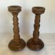 Pair old large wooden candle holders brutalist
