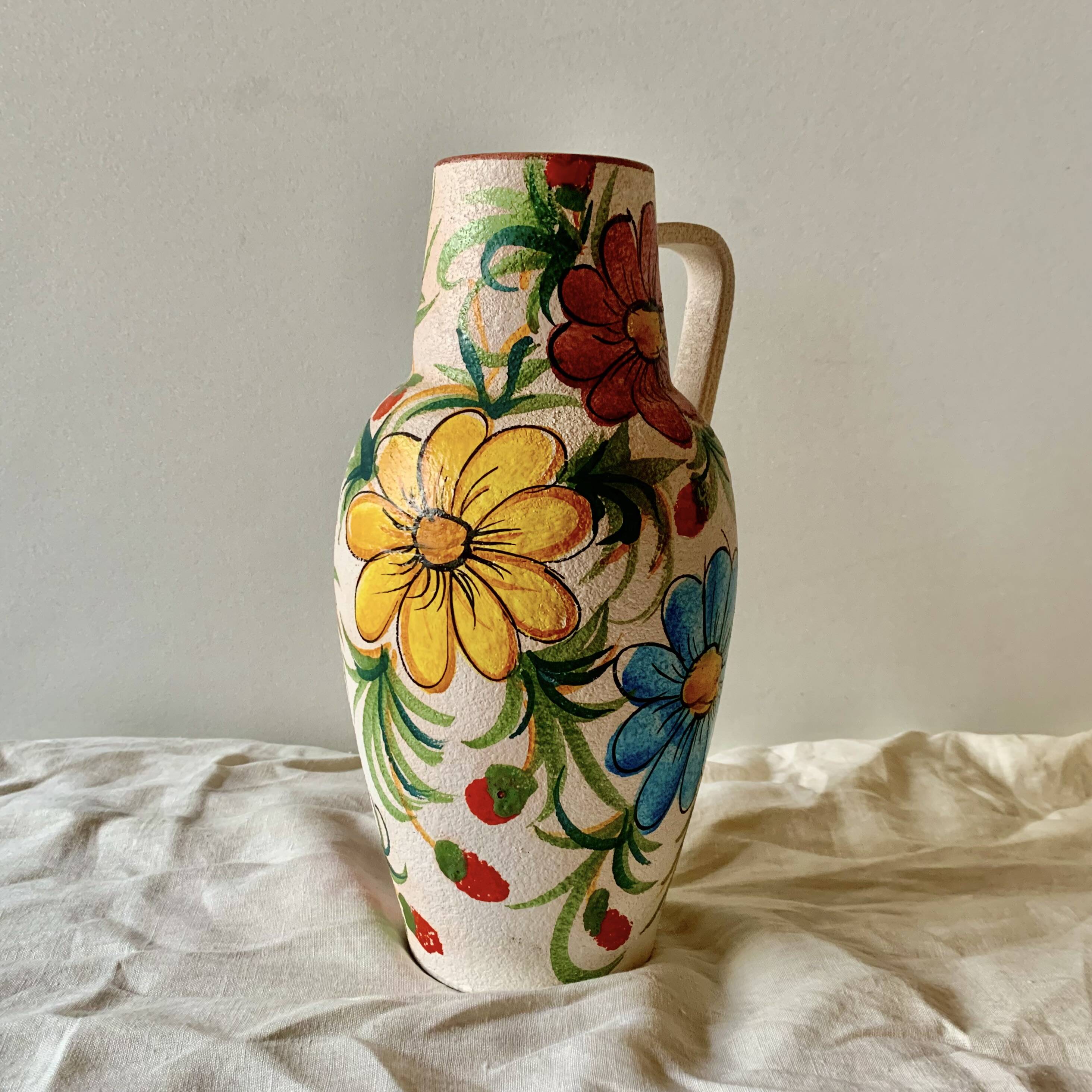 Large vintage ceramic vase - hand-painted floral decoration - Italy