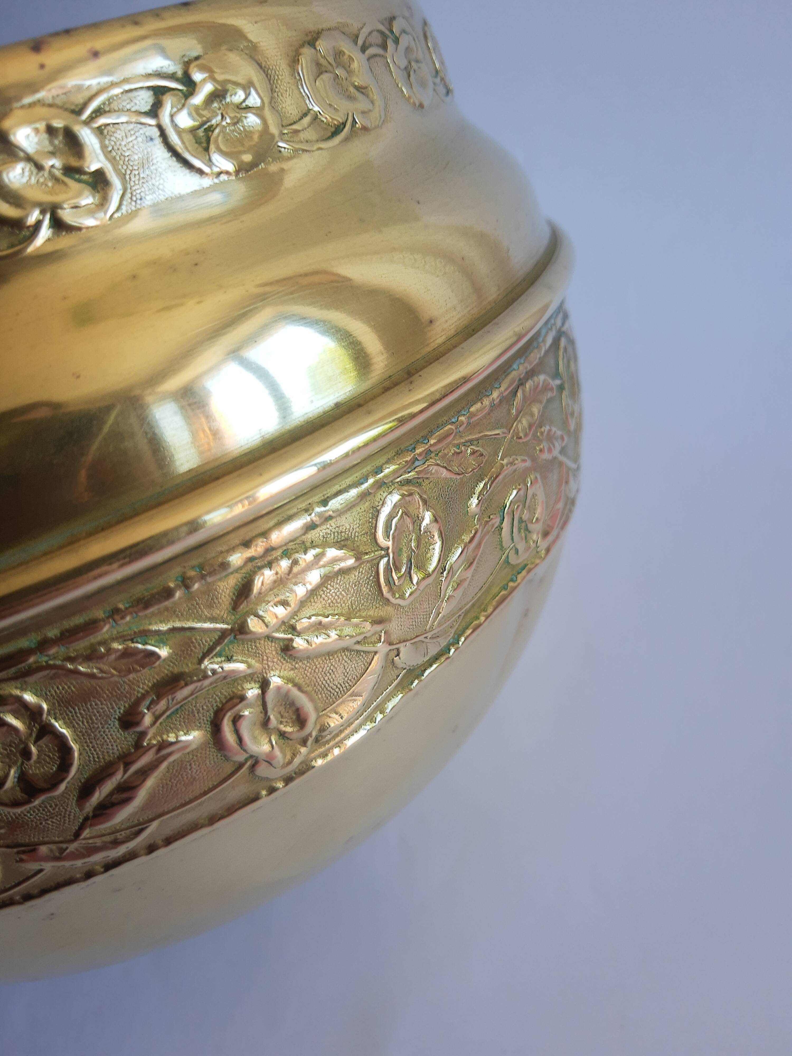Old brass cache pot with vintage floral frieze