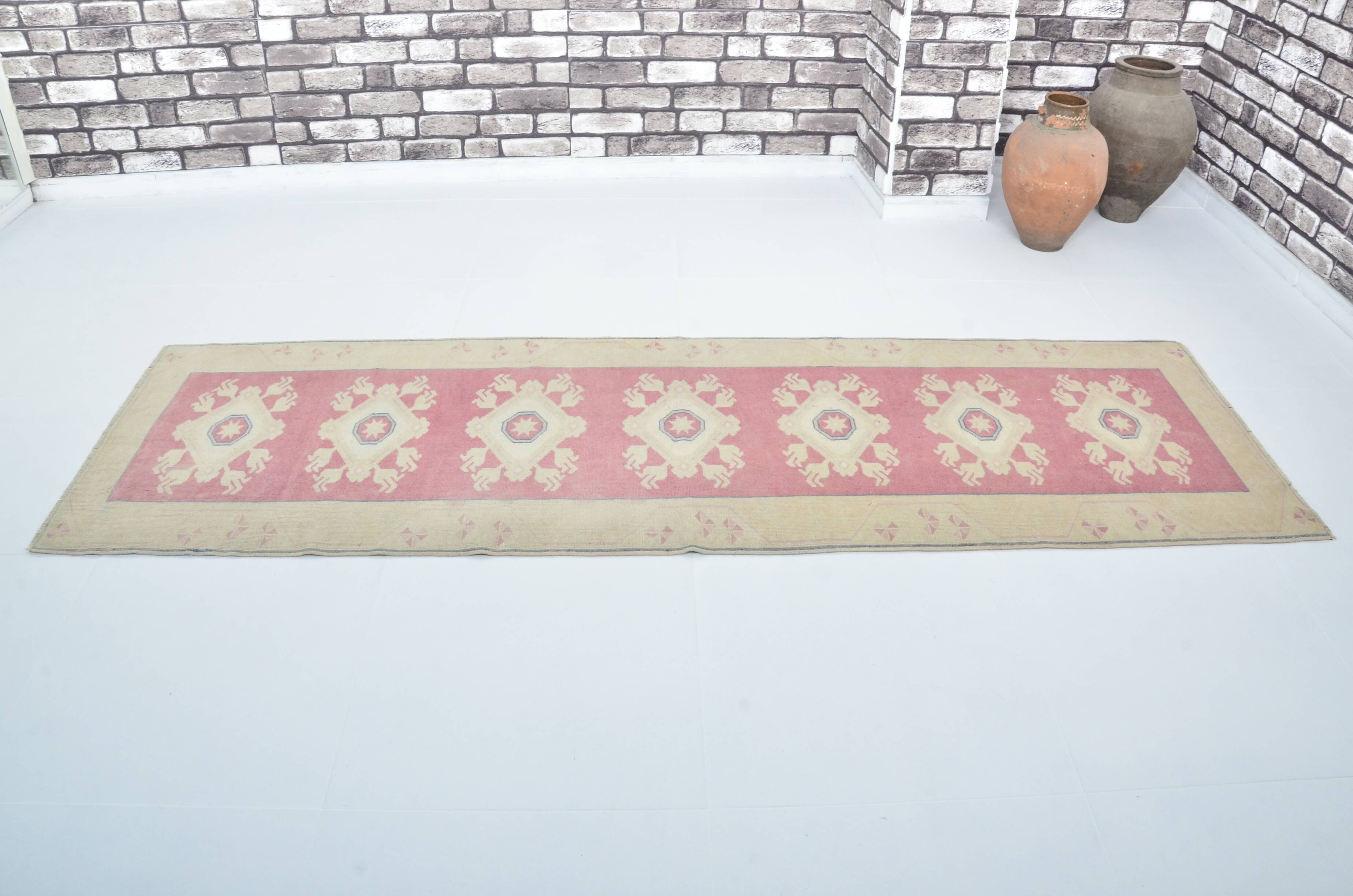 Tapis de couloir Oushak floral vintage noué à la main sku 3349