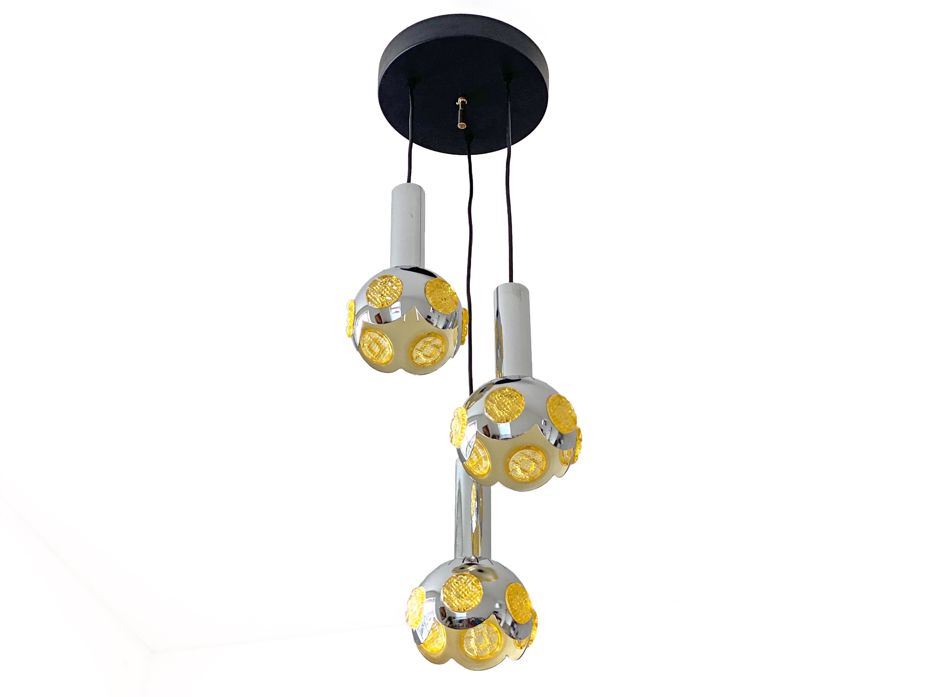 Vintage chrome cascade hanging lamp with yellow inserts