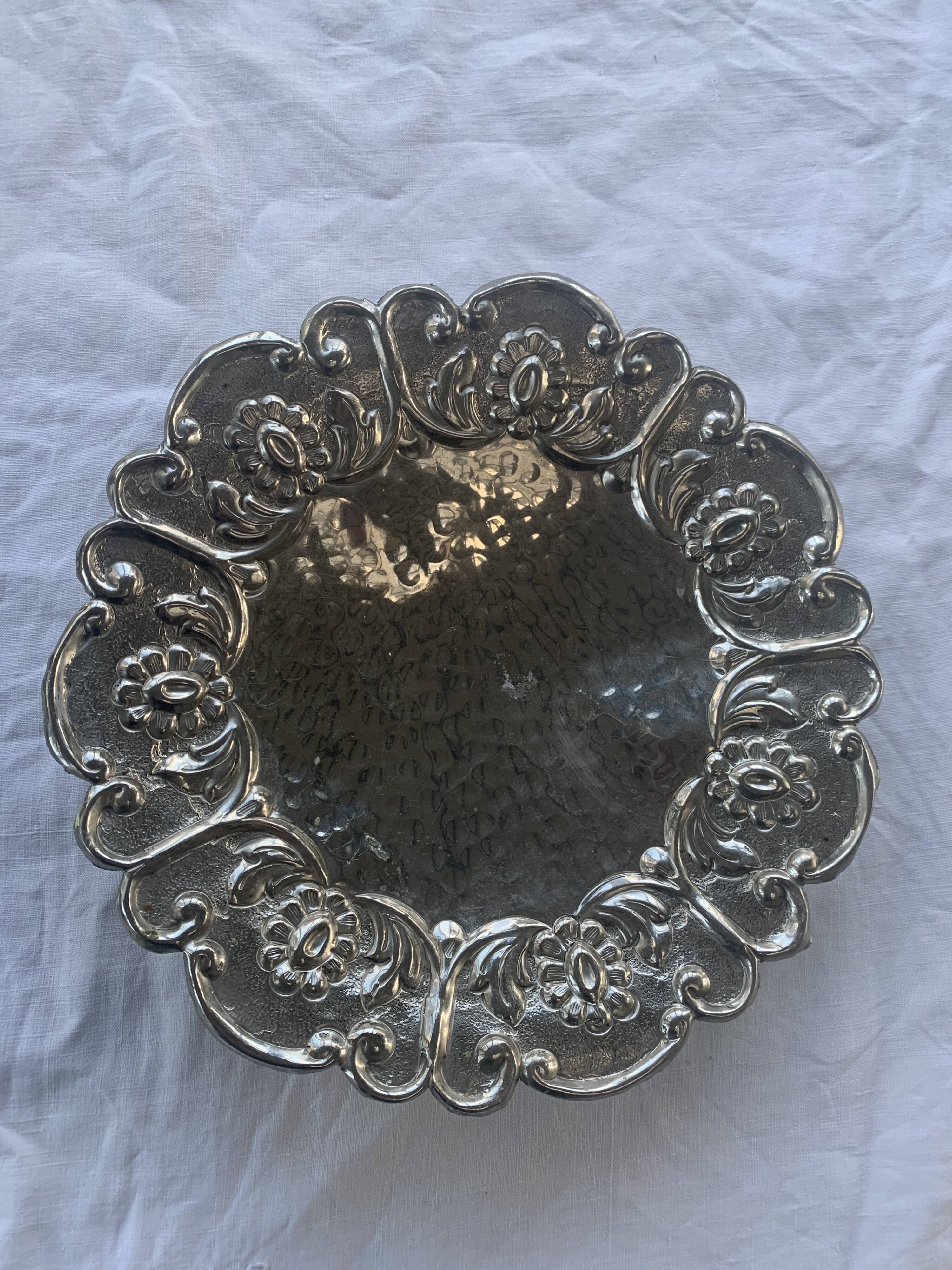 Hammered metal fruit cup vintage floral pattern