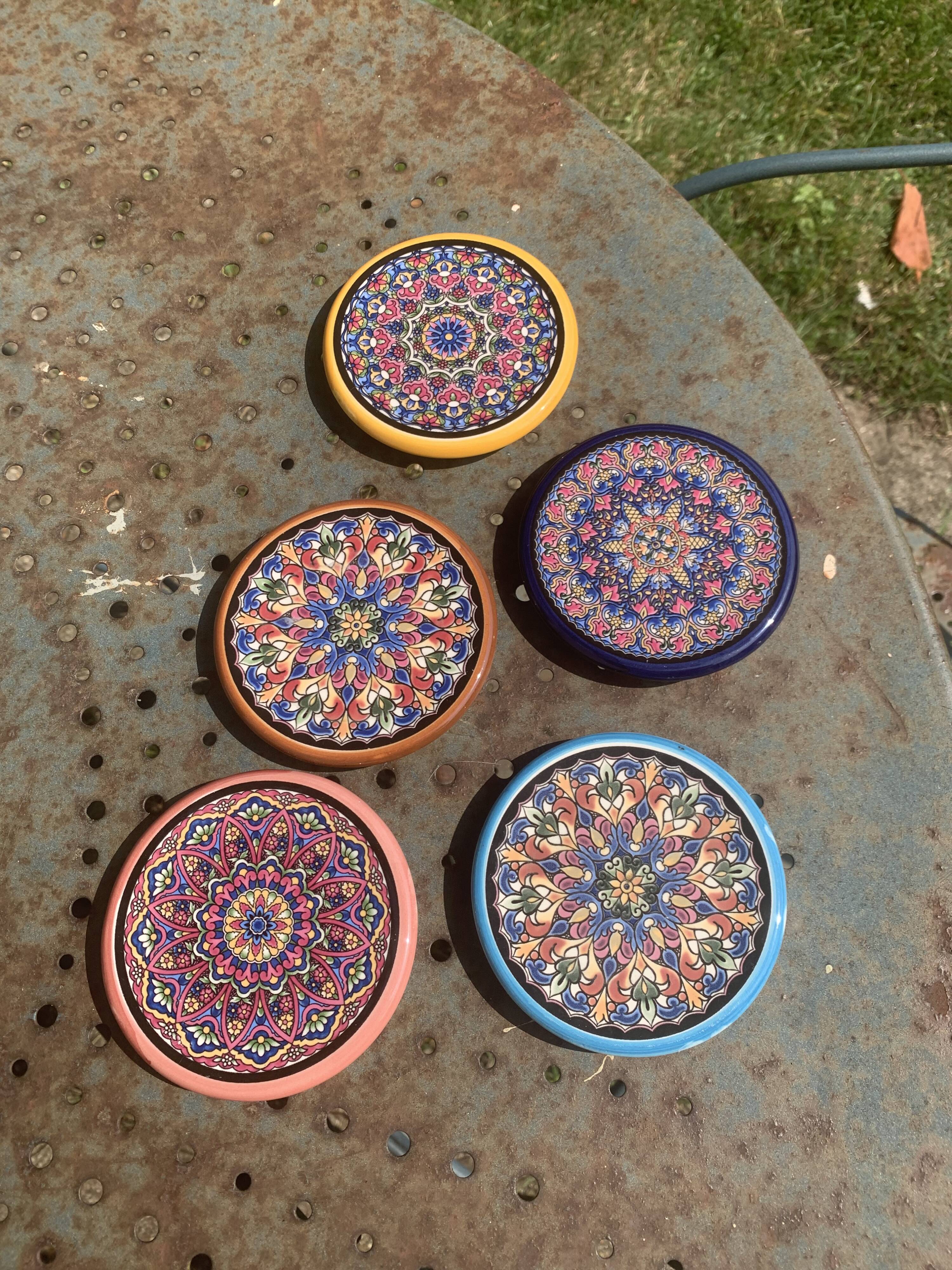 5 vintage handcrafted enameled ceramic coasters