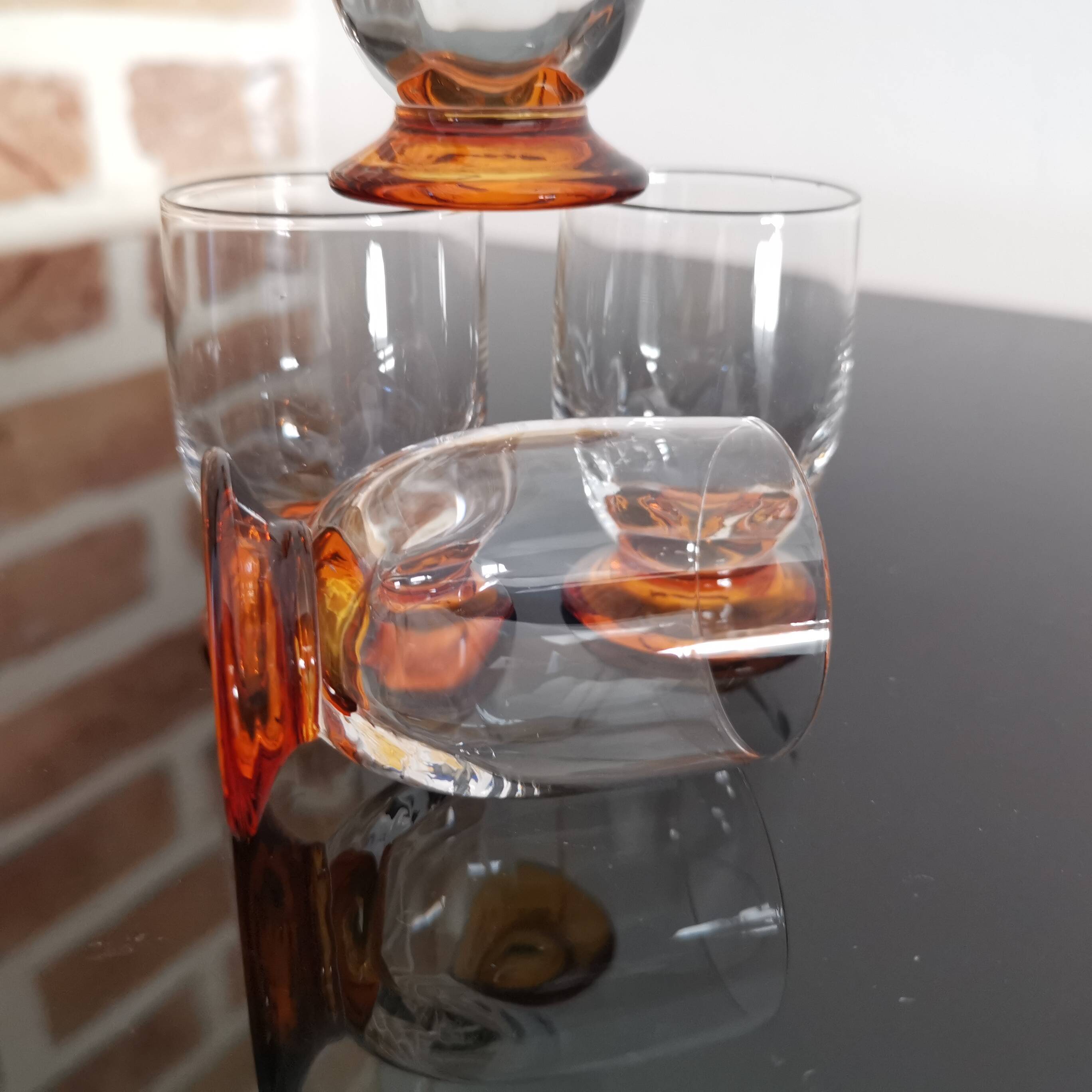 4 digestive/shooter glasses blown 1930 venetian sides and amber feet art-deco