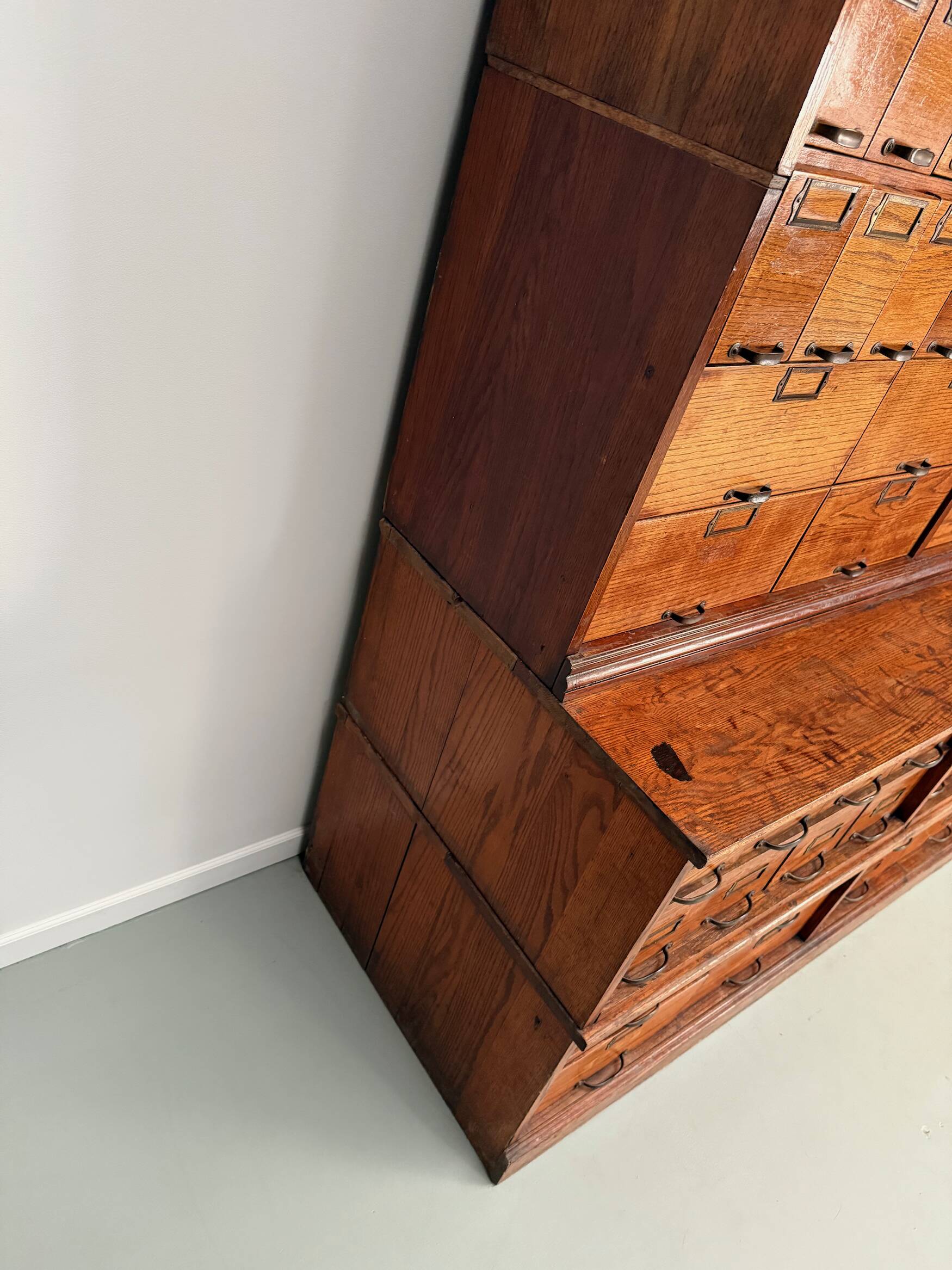 Antique very large American oak grain / apothecary cabinet, ca 1900
