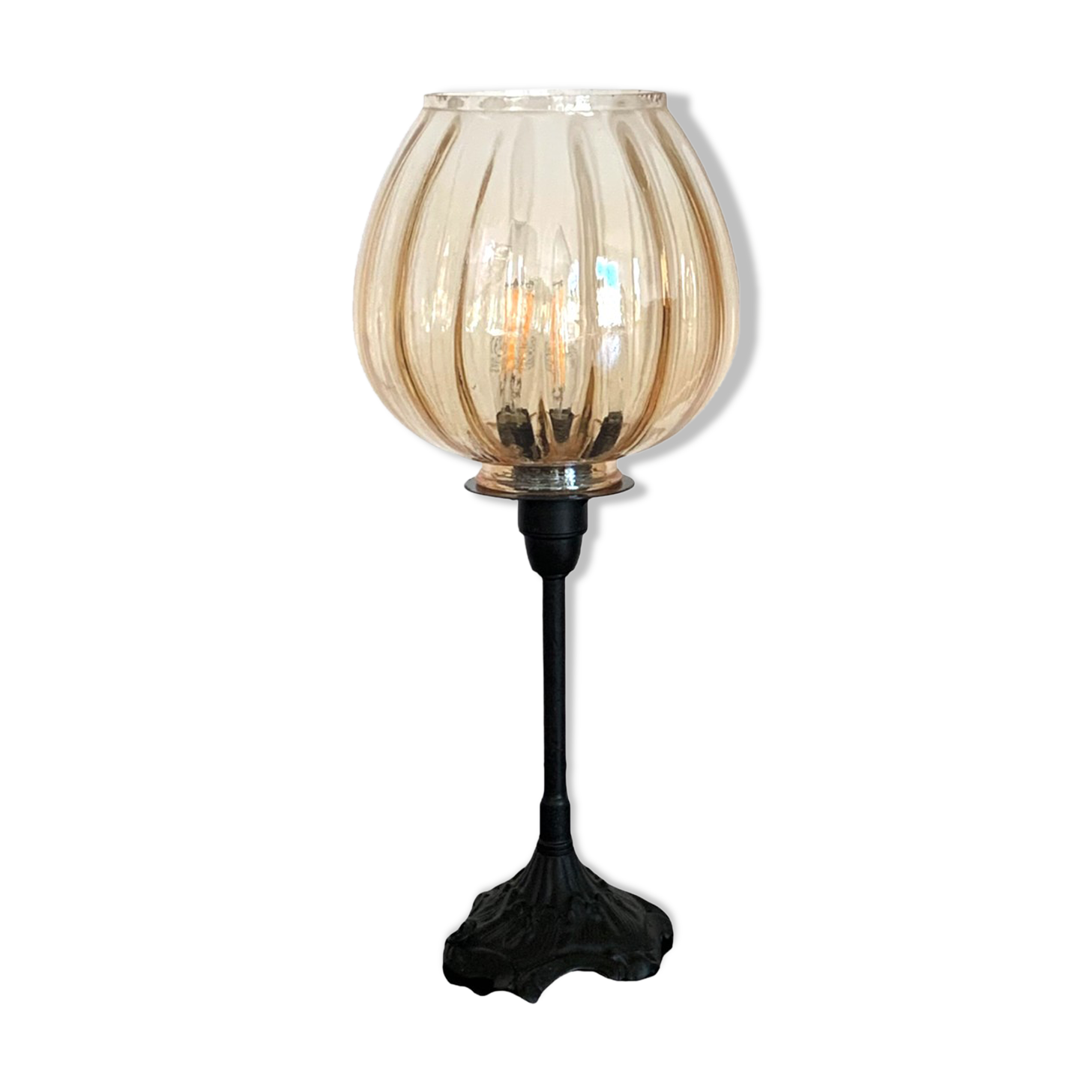 Lampe De Table Vintage - Pied Bronze Doré, Abat-jour Soie Plissée - Années 70