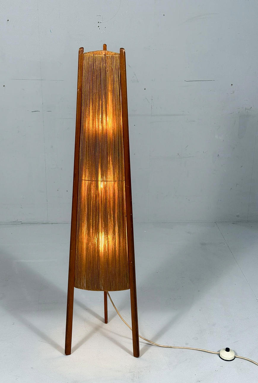 Mid-century floor lamp, sisal/teak wood, Temde, Switzerland, 1960s.
