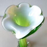 Corolla vase in blown glass, double layer green and white