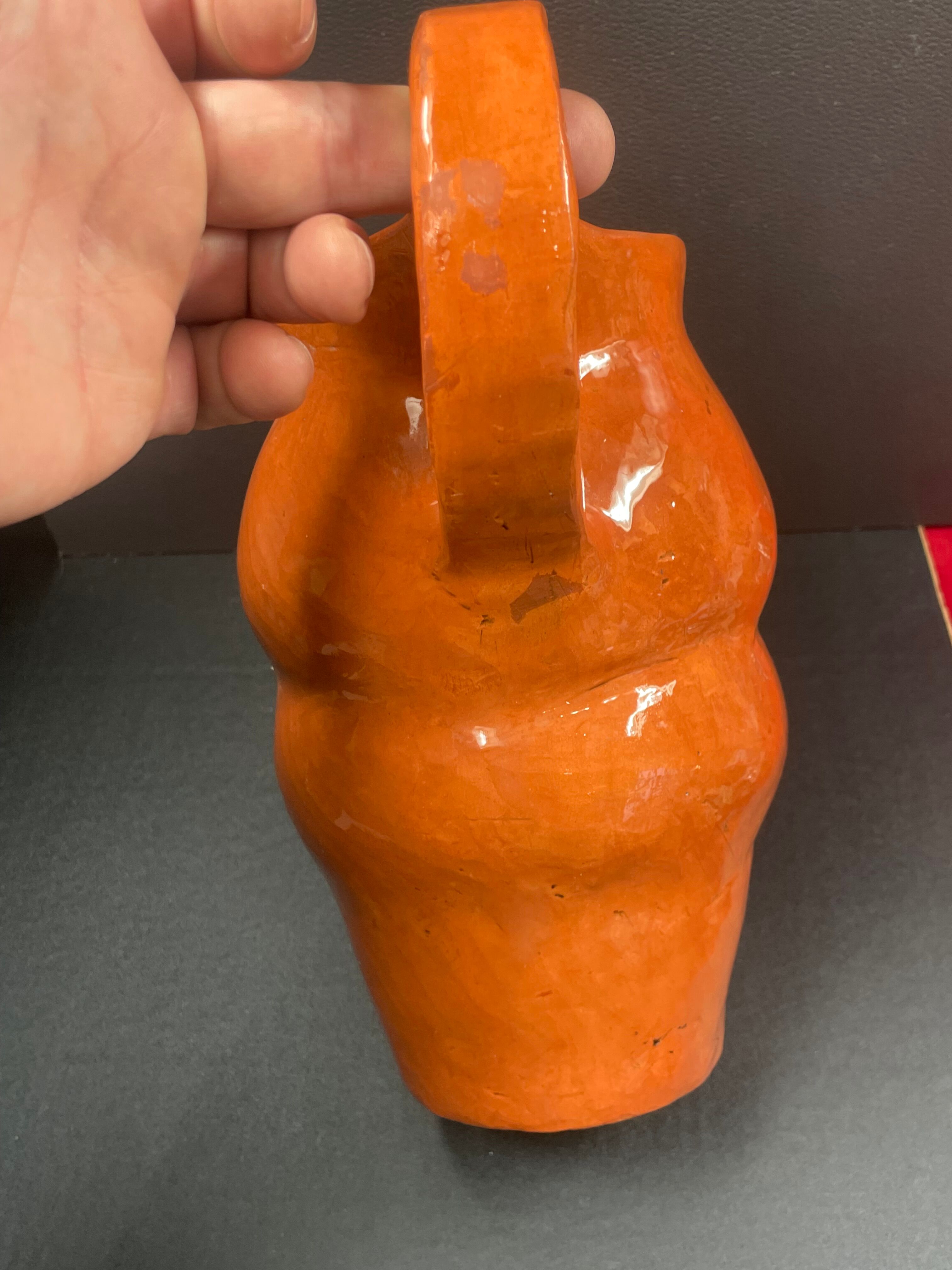 Unusual Pitcher Ceramic in stoneware or glazed earth Signed EL
