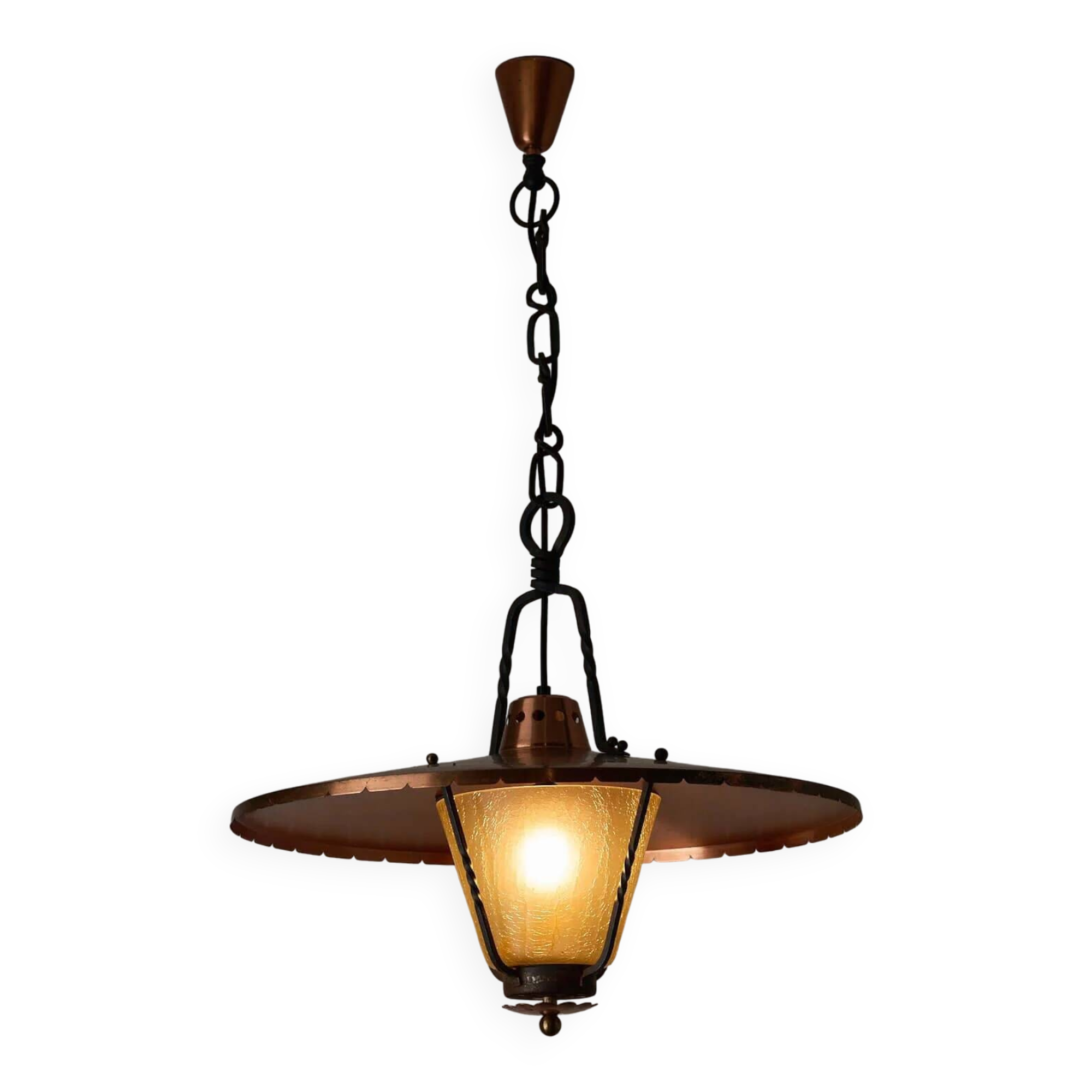 Wrought iron and copper pendant lamp with textured glass diffuser