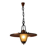 Wrought iron and copper pendant lamp with textured glass diffuser