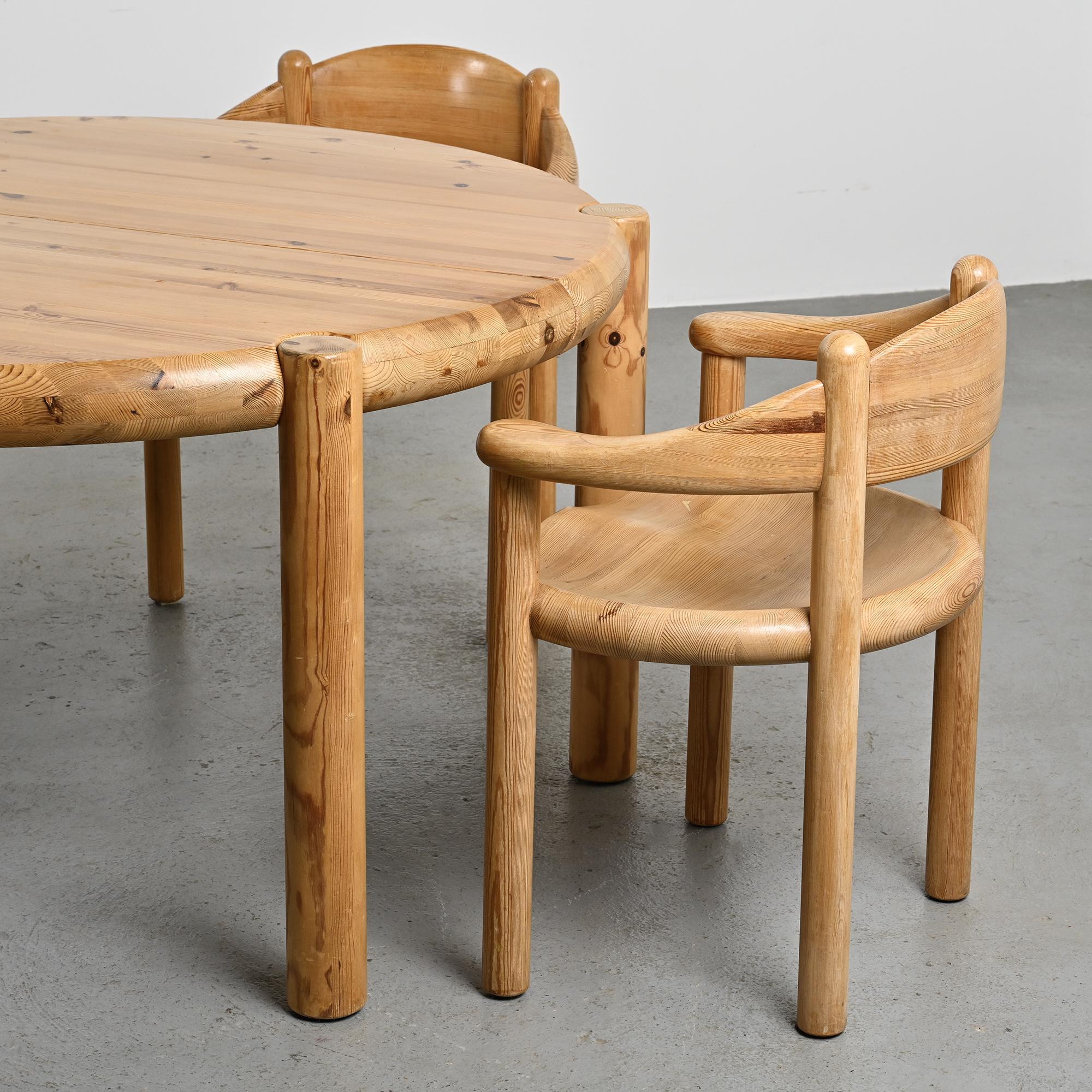 Set of 6 solid pine chairs by Rainer Daumiller, Denmark, circa 1970.