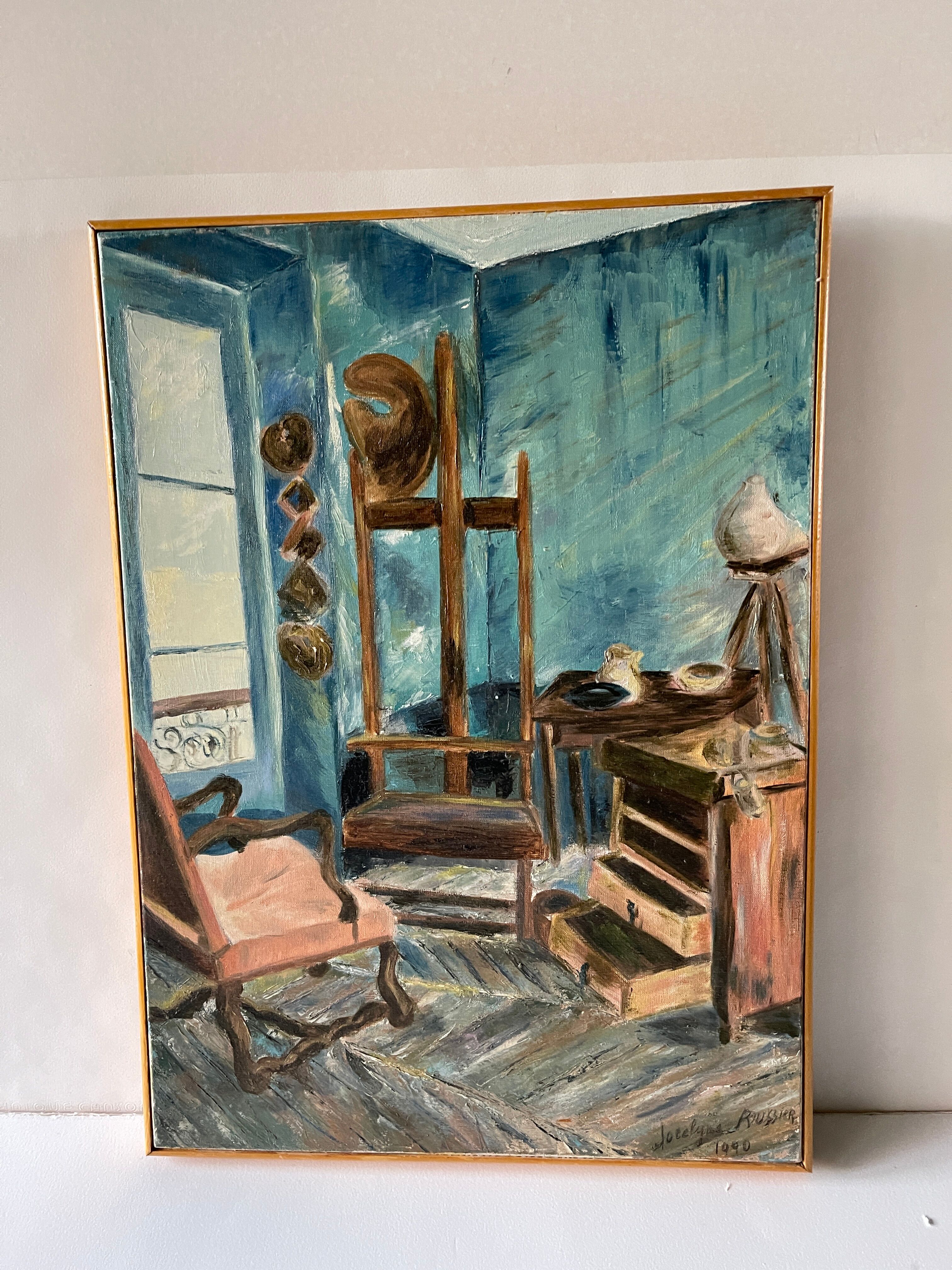 Oil on canvas interior of workshop signed