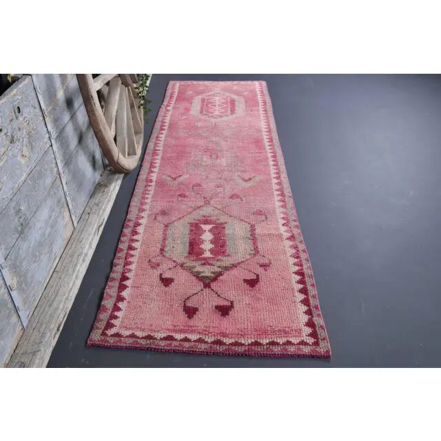 Vintage Turkish Oushak Handmade Wool Cotton Pink Runner Rug 90x312